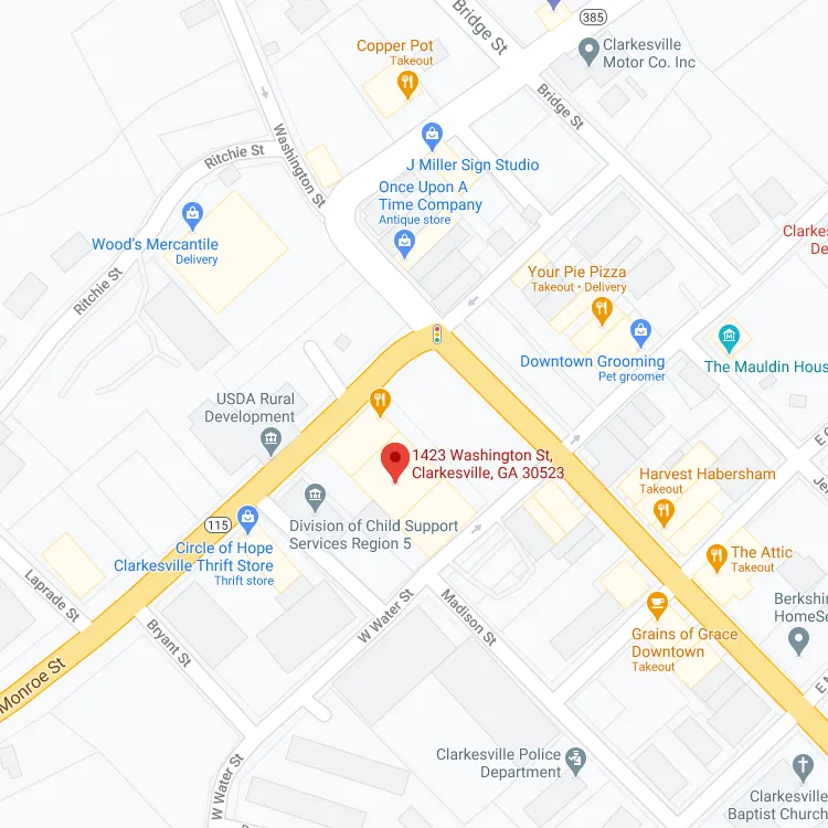 Map of downtown Clarkesville showing 1423 Washington Street at the corner of Washington Street and Highway 115